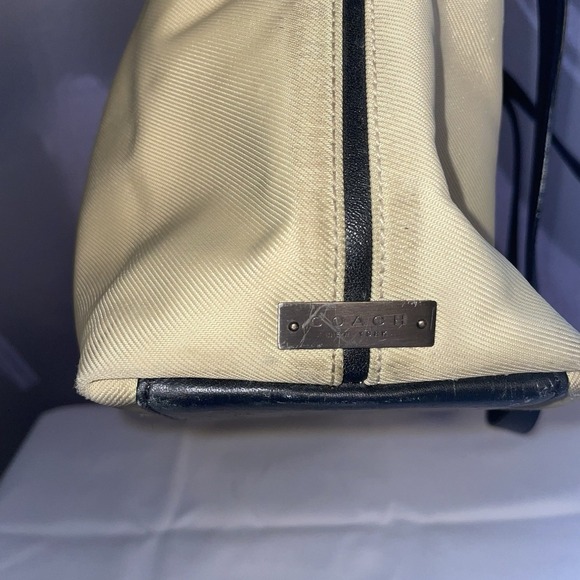 COACH Khaki Twill Canvas Leather Handle Shoulder Bag Purse 7402 Tan Black - Picture 13 of 16